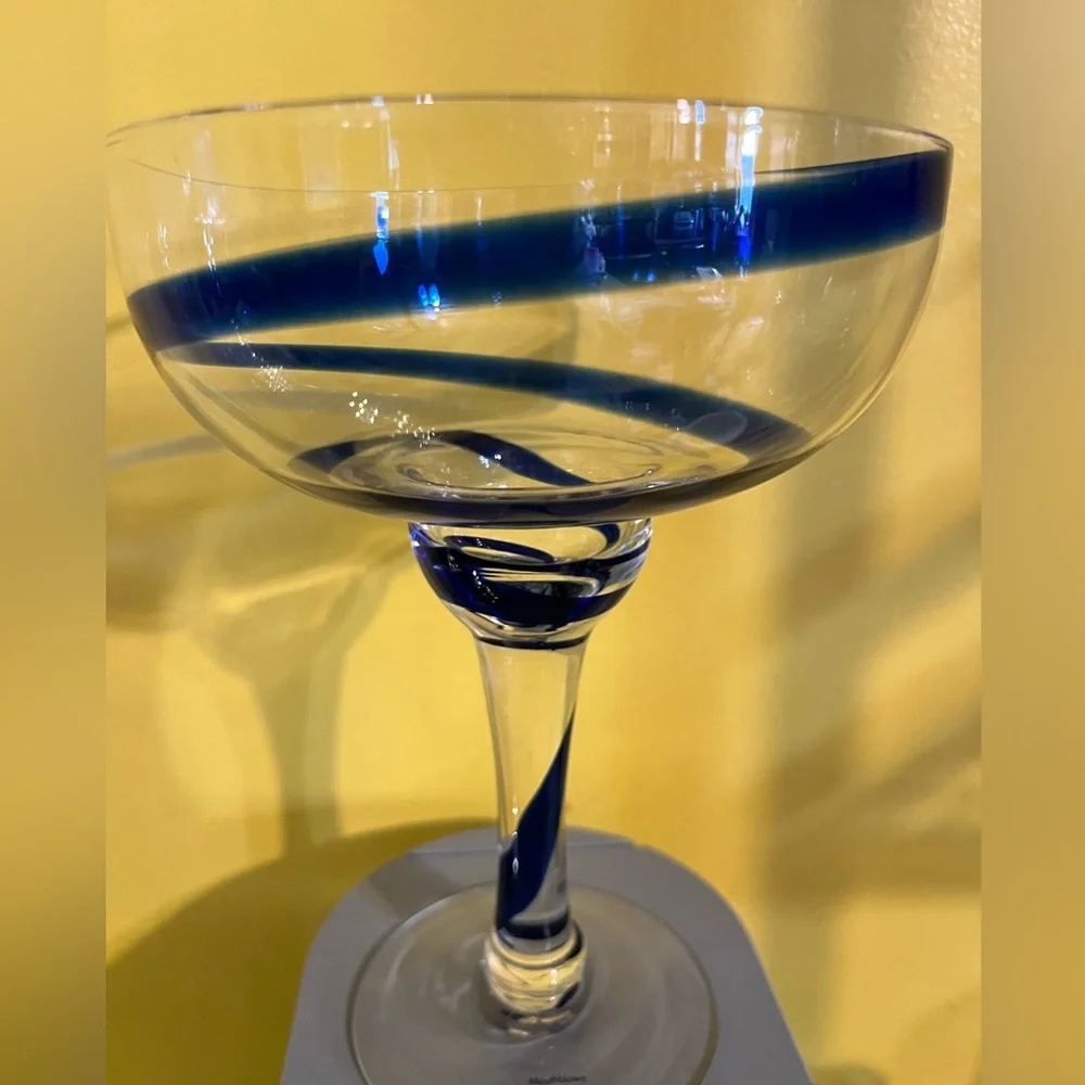 Set of 2 Pier 1 cobalt blue swirl mouthblown margarita glasses